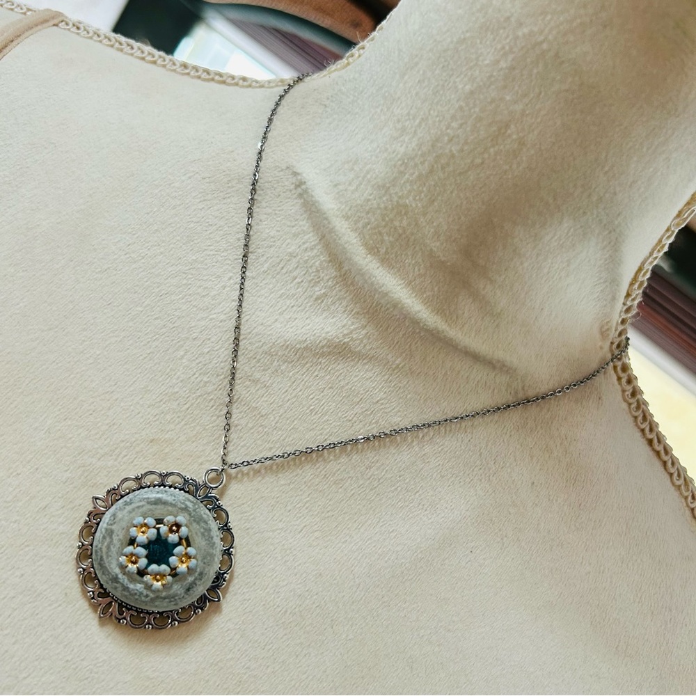 Handcrafted repurpose shadow box gem pendant on chain necklace